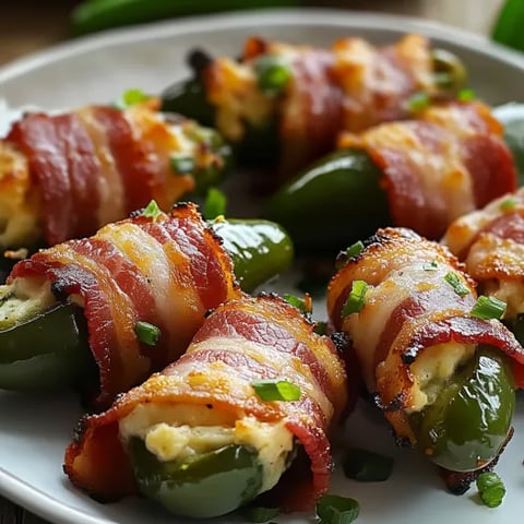 Bacon wrapped peppers on a plate.