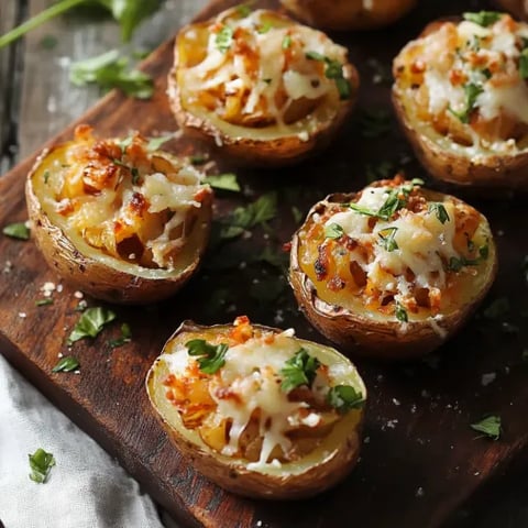 A wooden cutting board with 6 baked potatoes with cheese on top.