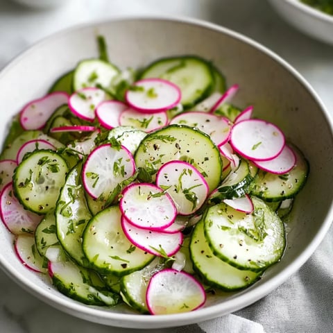A bowl of sliced cucumbers and radishes.