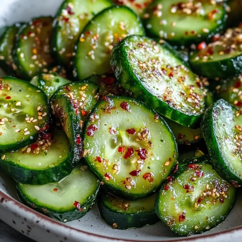 A bowl of sliced cucumbers with seasoning.