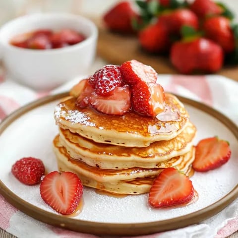 A stack of pancakes with strawberries on top.