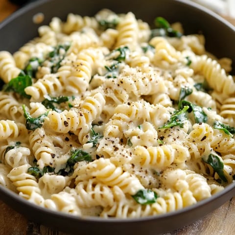 A bowl of pasta with spinach and cheese.