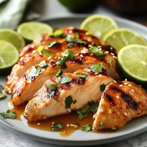 A plate of chicken with lime wedges on the side.