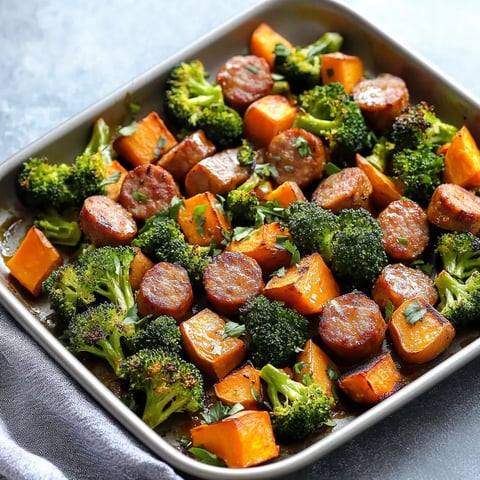 A pan of food with broccoli and sausage.