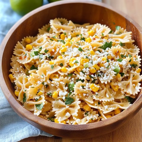 A bowl of pasta with corn and cheese.