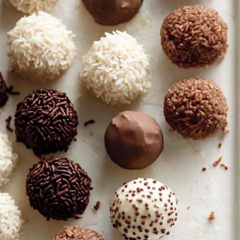 A tray of chocolate and white balls.
