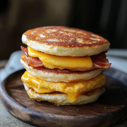 A stack of three pancakes with cheese and bacon.