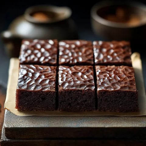 A square of chocolate cake on a wooden tray.