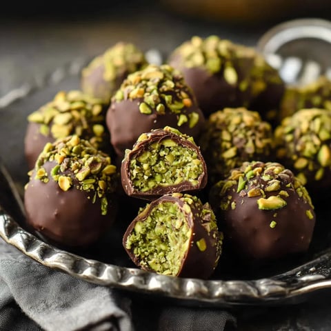 A plate of chocolate covered balls with green toppings.