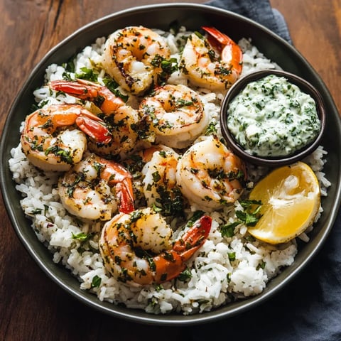 A bowl of shrimp and rice with a lemon wedge.