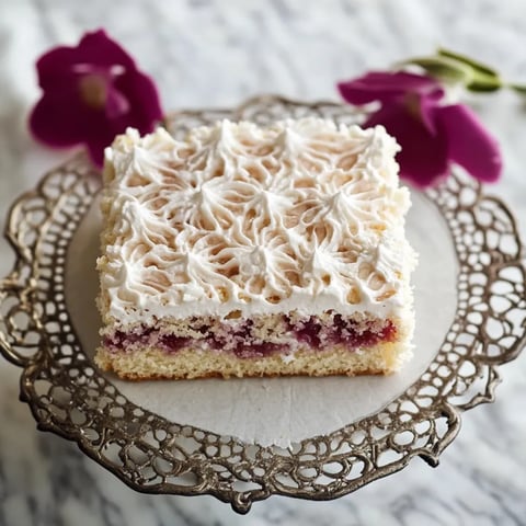 A slice of cake with white frosting and raspberries.