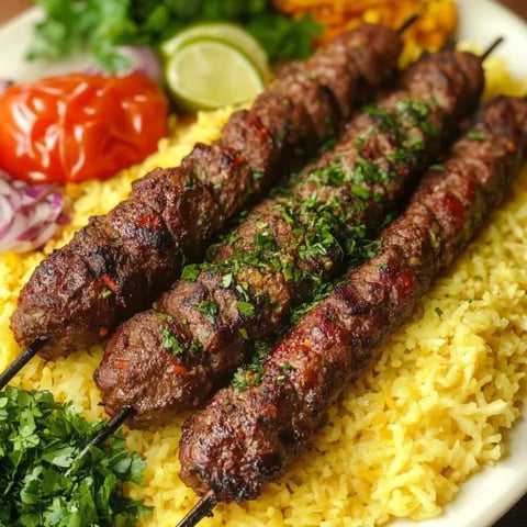 A plate of food with two kebab sticks and meat.