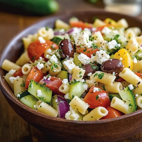A bowl of pasta salad with tomatoes, cucumbers, olives, and feta cheese.