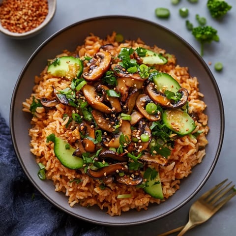A bowl of rice with mushrooms and green vegetables.