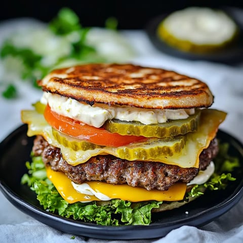 A sandwich with lettuce, tomato, pickles, and cheese.