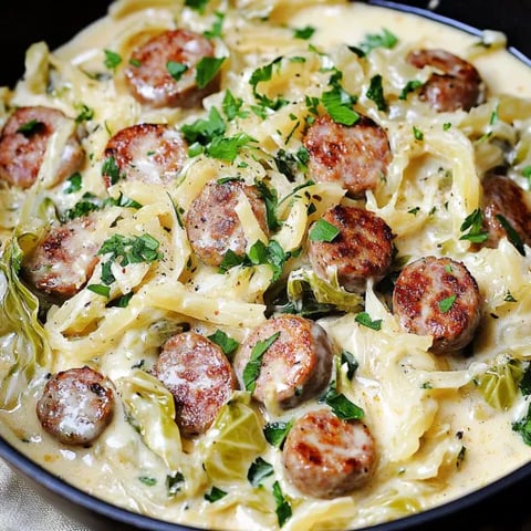 A bowl of pasta with sausage and greens.