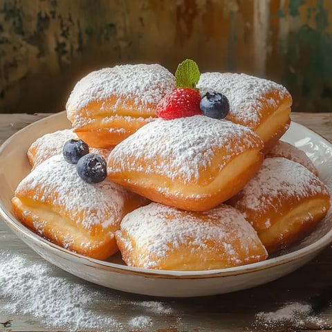 A plate of powdered donuts with blueberries on top.