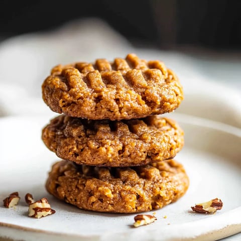 Three brown cookies stacked on a plate.