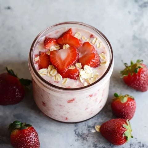 A glass of yogurt with strawberries on top.