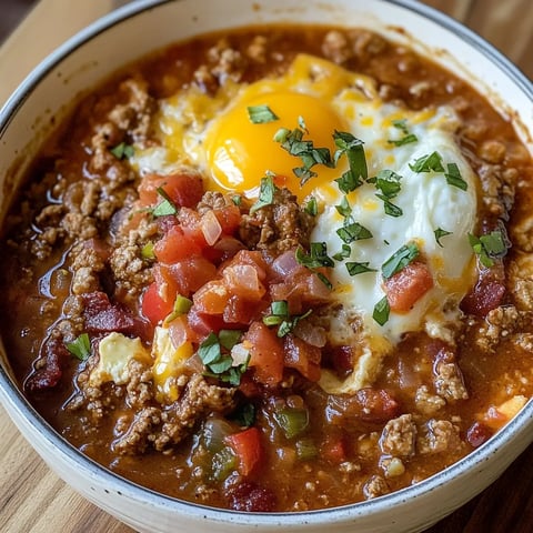 A bowl of chili with a fried egg on top.