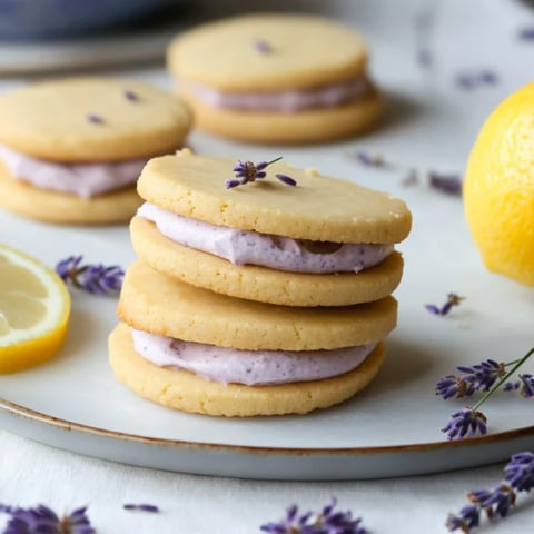 A stack of cookies with purple flowers on top.