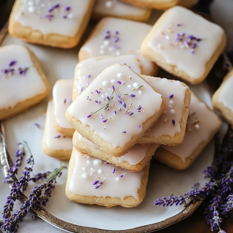 A plate of cookies with white icing and purple flowers.