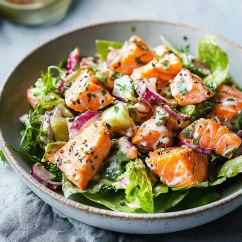 A bowl of salad with fish.