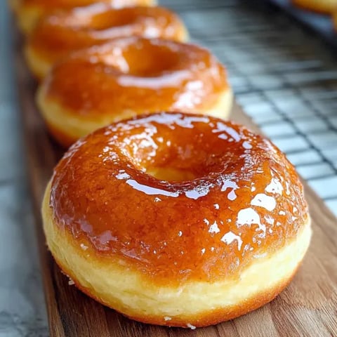 A glazed donut on a wooden board.
