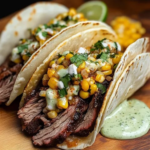 Two tacos with meat and corn on a wooden table.