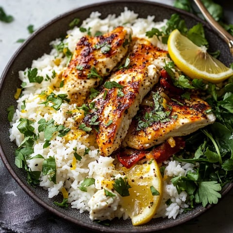 A plate of rice and chicken with a lemon wedge.