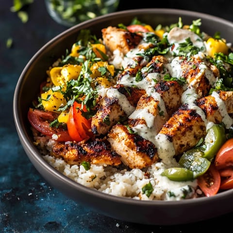 A bowl of food with rice, chicken, tomatoes, and green peppers.