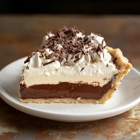A slice of pie with chocolate and white toppings.