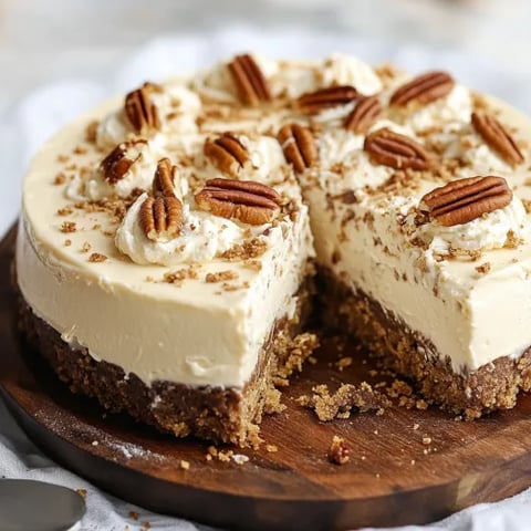 A slice of cake with pecans on a wooden board.
