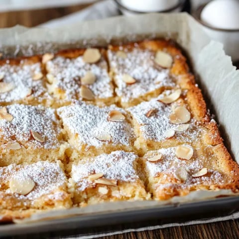 A tray of almond cake with powdered sugar on top.