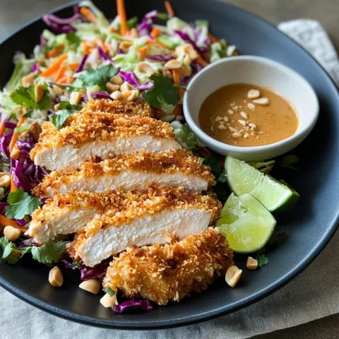 A plate of food with chicken, salad, and sauce.