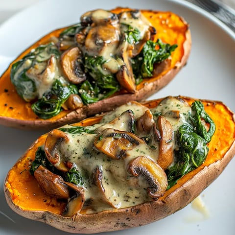 Two slices of pumpkin with mushrooms and greens.