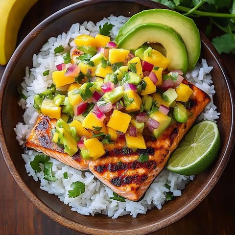 Grilled Salmon with Mango Salsa & Coconut Rice