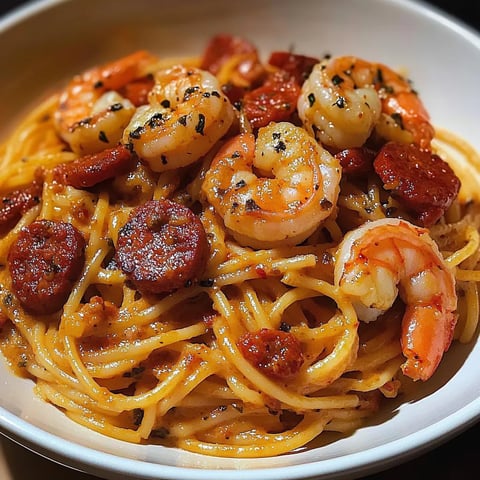 Spaghetti with Pepper Cream, Chorizo & Shrimp