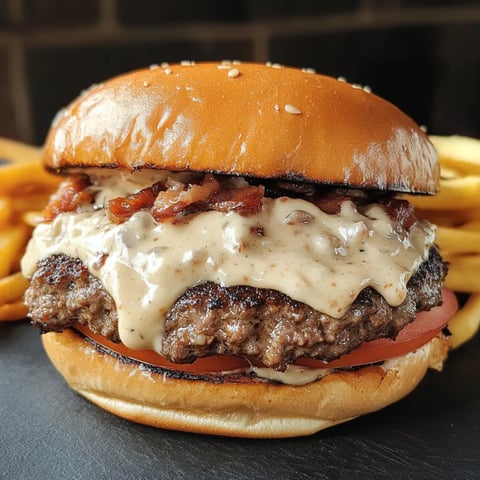 A burger with bacon and cheese on a bun.