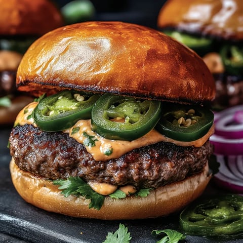 A burger with jalapenos and cheese.