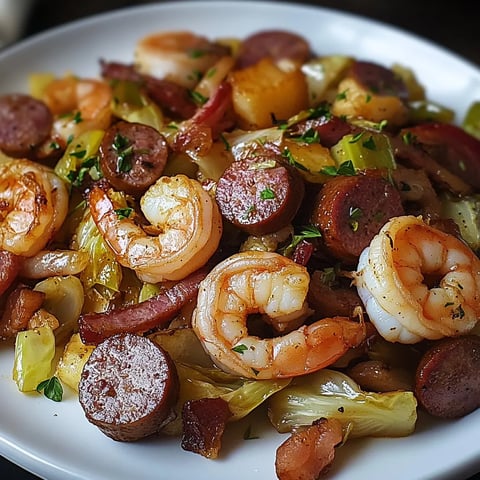 FRIED CABBAGE WITH SHRIMP, SAUSAGE & BACON