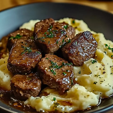 Garlic Butter Beef Bites with Creamy Mashed Potatoes