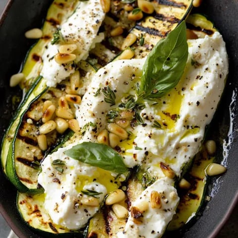 A dish of zucchini with white sauce and nuts.