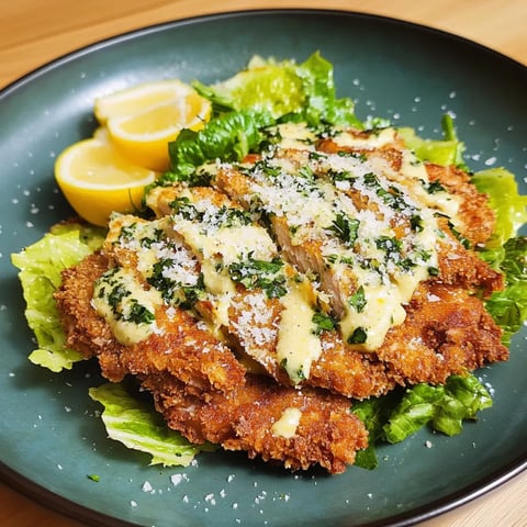 A plate of food with chicken, lettuce, and lemon.
