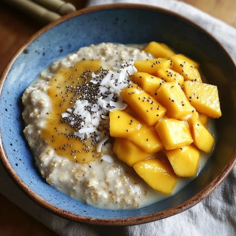 A bowl of oatmeal with sliced mango on top.