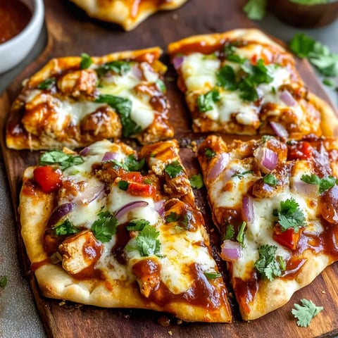 A pizza with chicken and vegetables on a wooden board.