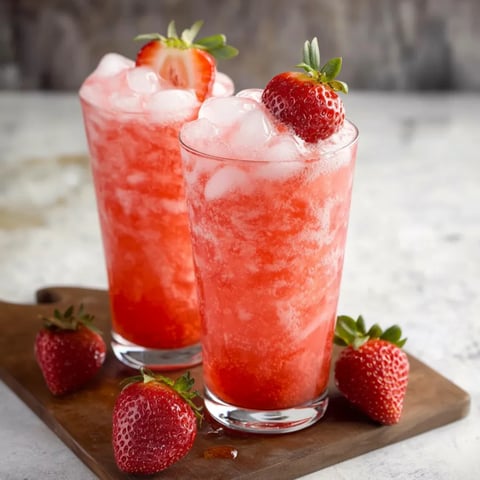 Two glasses of red drink with strawberries.