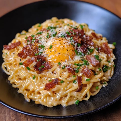 A plate of pasta with a fried egg on top.