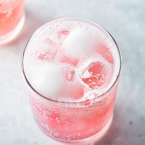 A glass of pink drink with ice cubes.