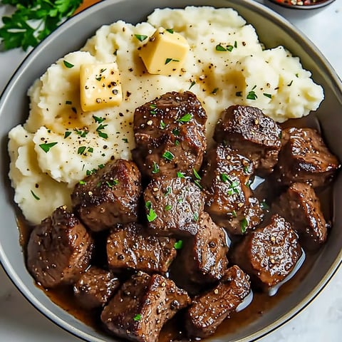 Garlic Butter Beef Bites Creamy Mashed Potatoes